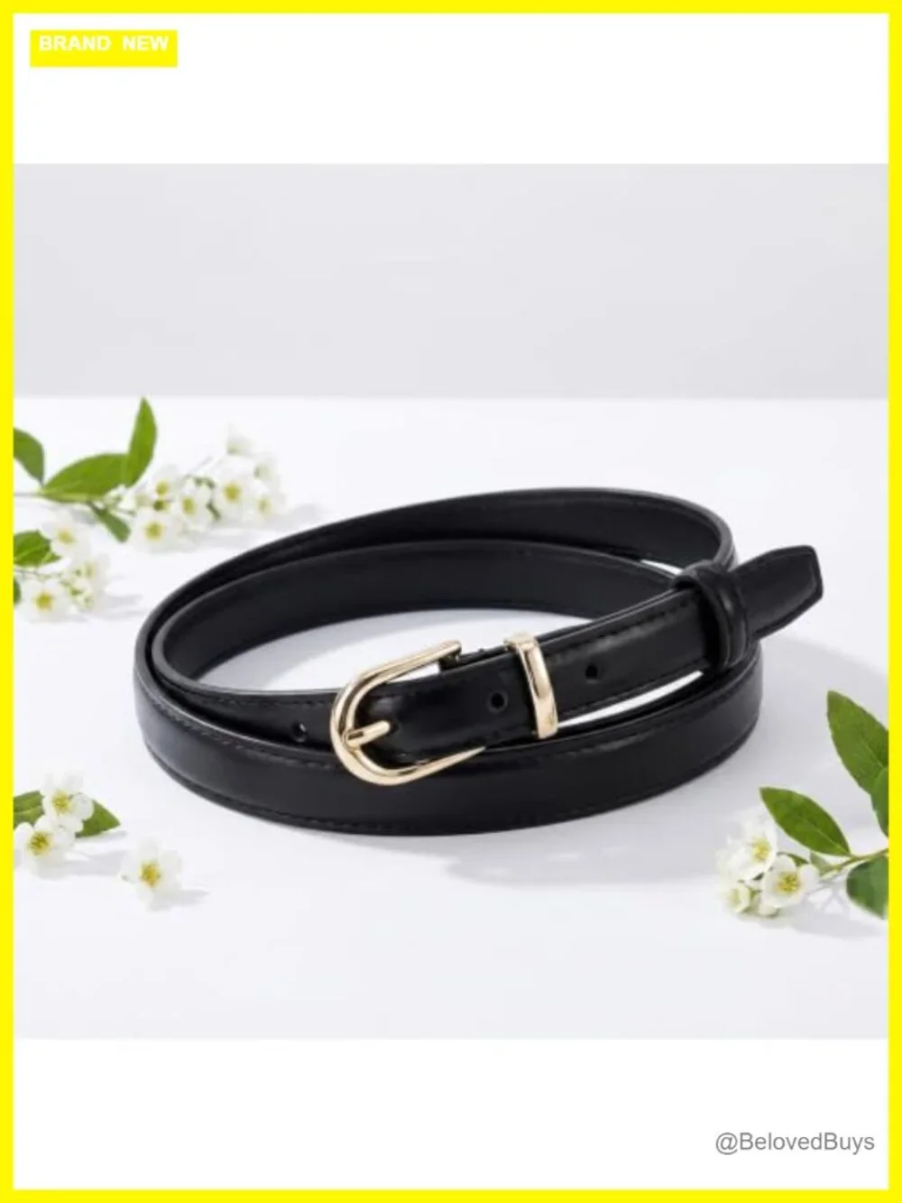 Women's Skinny Faux Leather Belt with Gold Buckle, Thin Waist Belt for Jeans